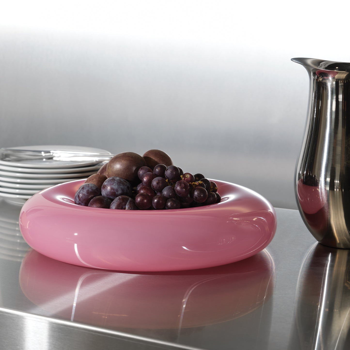 Extra large Syrup Bowl in pink colour with fruits on a table